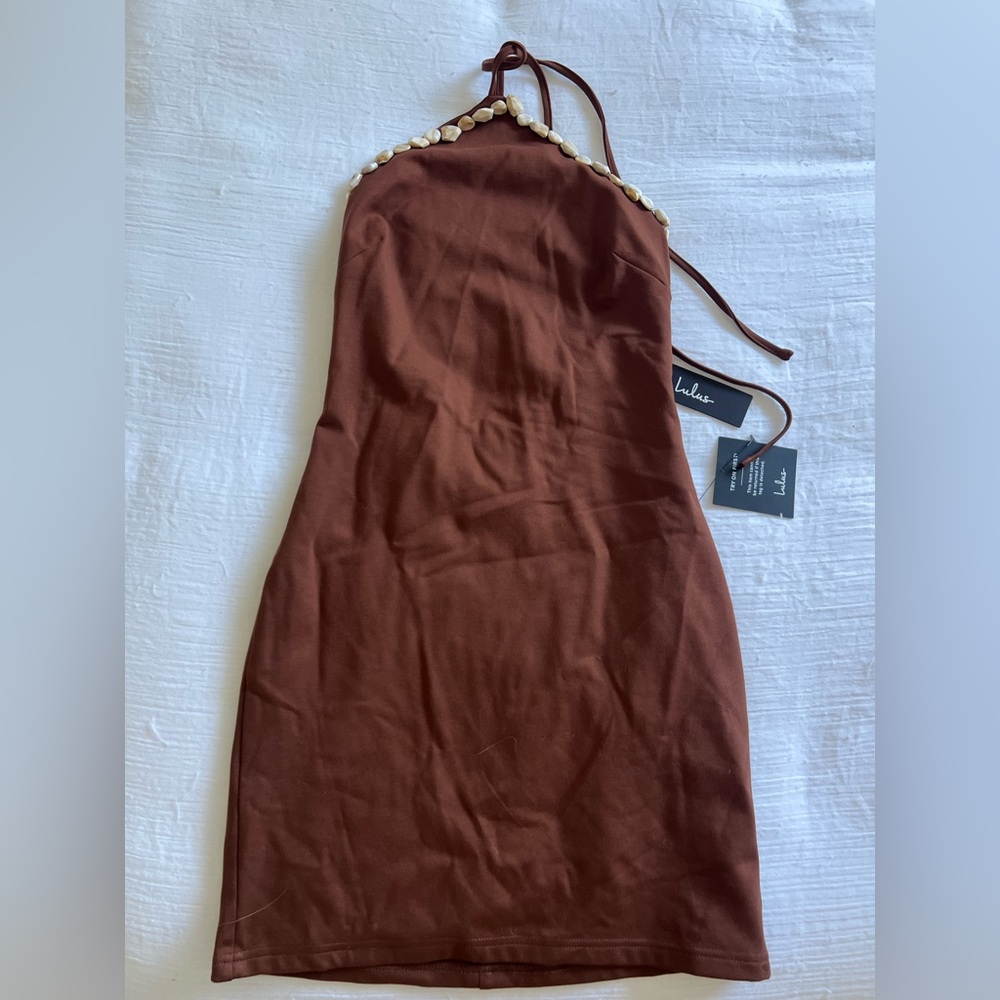 Lulu's Chocolate Brown Shell-Trim Mini Dress Size Small - Picture 4 of 8